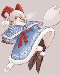 Rule 34 | 1girl, alternate costume, blue capelet, blue dress, boots, bow, breath, brown footwear, capelet, cross-laced footwear, curled horns, dress, earrings, eye print, frown, fur-trimmed boots, fur-trimmed dress, fur collar, fur trim, goat horns, hair ornament, highres, holding spork, holding utensil, horizontal pupils, horns, jewelry, kaginoni, meandros, pointy ears, pom pom (clothes), pom pom hair ornament, red bow, red eyes, red horns, red ribbon, ribbon, sharp teeth, short hair, skirt, spork, teeth, touhou, toutetsu yuuma, waist ribbon, white hair, wide sleeves, winter clothes