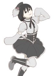 Rule 34 | 10s, 1girl, alternate color, bad id, bad pixiv id, beret, black eyes, black hair, cosplay, detached sleeves, hat, hisano1202, mahou shoujo madoka magica, mahou shoujo madoka magica (anime), mizuhashi kaori, monogatari (series), oshino ougi, ribbon, simple background, sleeves past wrists, solo, striped clothes, striped legwear, striped thighhighs, thighhighs, tomoe mami, tomoe mami (cosplay), vertical-striped clothes, vertical-striped thighhighs, voice actor connection