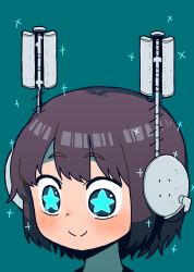 Rule 34 | 1girl, absurdres, blue background, blue eyes, blush, brown hair, c:, closed mouth, copyright request, head, highres, portrait, radio antenna, short hair, simple background, smile, solo, sparkle, split mouth, star-shaped pupils, star (symbol), symbol-shaped pupils, takurada