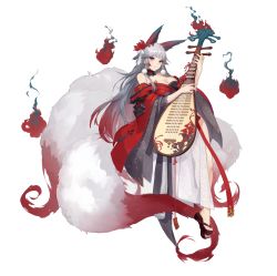 Rule 34 | 1girl, absurdres, animal ears, bare shoulders, black neckwear, breasts, brown footwear, cleavage, closed mouth, commentary, fox ears, fox girl, fox tail, full body, gradient hair, grey hair, grey kimono, hands up, highres, holding, holding instrument, instrument, japanese clothes, kimono, kitsune, kyuubi, large breasts, long hair, looking at viewer, masterwork apocalypse, messikid, multicolored clothes, multicolored hair, multicolored kimono, multiple tails, off shoulder, official art, red eyes, red fire, red hair, red kimono, sandals, sidelocks, simple background, smile, solo, tail, very long hair, white background, wide sleeves, yingning (masterwork apocalypse)