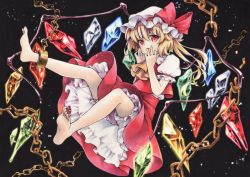 Rule 34 | 1girl, ascot, bad id, bad pixiv id, barefoot, black background, blonde hair, bloomers, chain, crystal, flandre scarlet, full body, funnyfunny, hat, hat ribbon, looking at viewer, marker (medium), mob cap, open mouth, puffy sleeves, red eyes, ribbon, shirt, short sleeves, side ponytail, skirt, skirt set, soles, solo, touhou, traditional media, underwear, vest, wings