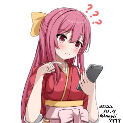 Rule 34 | 1girl, ?, ??, bow, breasts, cellphone, hair between eyes, hair bow, hakama, holding, holding phone, japanese clothes, kamikaze (kancolle), kantai collection, kimono, long hair, meiji schoolgirl uniform, no. vii, phone, pink hakama, purple eyes, purple hair, red kimono, small breasts, smartphone, solo, sweatdrop, upper body, white background, yellow bow