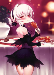 Rule 34 | 1girl, back, black dress, blush, cake, chicken (food), chicken leg, commentary request, detached sleeves, dress, eating, food, hairband, highres, long hair, looking at viewer, m-da s-tarou, plant, plate, potted plant, red eyes, rocoroco, solo, table, tanaka the wizard, white hair