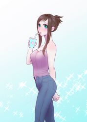 Rule 34 | 1girl, breasts, brown hair, denim, drinking straw, drinking straw in mouth, green eyes, jeans, long hair, looking at viewer, open fly, pants, solo, sophia esteed, star ocean, star ocean till the end of time
