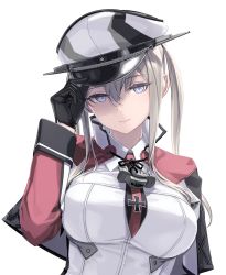 Rule 34 | 1girl, adjusting clothes, adjusting headwear, black gloves, blonde hair, blue eyes, breasts, capelet, celtic knot, cross, gloves, graf zeppelin (kancolle), hair between eyes, hat, highres, iron cross, kantai collection, large breasts, military, military hat, military uniform, necktie, peaked cap, rokuwata tomoe, sidelocks, smile, tsurime, twintails, uniform, upper body, white background