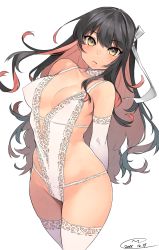 Rule 34 | 1girl, alternate costume, arms behind back, bare shoulders, black hair, breasts, cleavage, covered erect nipples, cowboy shot, dated, detached sleeves, fang, fang out, from side, frown, hair between eyes, hair ribbon, happa (cloverppd), kantai collection, lace, lace-trimmed legwear, lace trim, legs together, leotard, lingerie, long hair, looking at viewer, medium breasts, multicolored hair, naganami (kancolle), pink hair, ribbon, solo, standing, teddy (lingerie), thighhighs, thighs, underwear, underwear only, very long hair, wavy hair, white background, white thighhighs, wide hips, yellow eyes