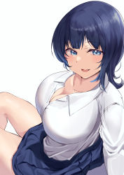 Rule 34 | 1girl, absurdres, asaka karin, blue eyes, blue hair, blue skirt, blush, breasts, cleavage, collarbone, collared shirt, commentary request, from above, highres, large breasts, long sleeves, looking at viewer, love live!, love live! nijigasaki high school idol club, medium hair, mole, mole on collarbone, namazu (yamasonson), parted lips, shirt, simple background, sitting, skirt, smile, solo, thighs, white background, white shirt