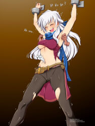 Rule 34 | 1girl, armpits, arms up, bare shoulders, belt, black leggings, blue scarf, blush, bound, bound wrists, breasts, closed eyes, commission, cowboy shot, disembodied limb, dress, english text, feathers, fire emblem, fire emblem: radiant dawn, gradient background, hair ribbon, half updo, heavy breathing, highres, klaudsanart, laughing, leggings, long hair, medium breasts, micaiah (fire emblem), navel, nintendo, open mouth, restrained, ribbon, scarf, side slit, simple background, sleeveless, sleeveless dress, smile, solo focus, sweat, tickle torture, tickling, tickling armpits, tickling navel, torn clothes, torn dress, torn leggings, trembling, turtleneck, turtleneck dress, white hair