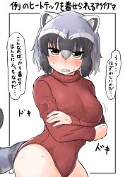 Rule 34 | 1girl, absurdres, alternate costume, animal ears, bad id, bad pixiv id, black border, black hair, blush, border, commentary request, common raccoon (kemono friends), crossed arms, fang, frown, grey hair, half-closed eyes, heattech leotard, highres, kemono friends, leaning forward, leotard, looking at viewer, motion lines, ngetyan, open mouth, raccoon ears, raccoon tail, red leotard, ribbed leotard, ribbed sweater, short hair, simple background, solo, standing, striped tail, sweat, sweater, tail, translation request, turtleneck, white background