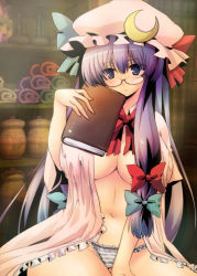 Rule 34 | 1girl, asai ichiko, bespectacled, book, breasts, female focus, glasses, hat, large breasts, long hair, panties, patchouli knowledge, purple eyes, purple hair, ribbon, solo, striped clothes, striped panties, touhou, underwear