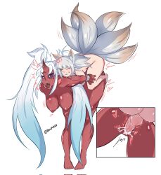Rule 34 | 2girls, ^^^, animal ear fluff, animal ears, artist name, barefoot, bent over, black sclera, blue hair, breasts, brown eyes, colored sclera, colored skin, commission, completely nude, cum, cum in pussy, drooling, facial mark, fangs, feet, fox ears, fox girl, fox tail, full body, futa with female, futanari, gradient background, grey hair, heart, heart-shaped pupils, highres, horns, large breasts, leaning forward, long hair, motion lines, multicolored hair, multiple girls, multiple tails, multiple views, nipples, nude, one eye closed, oni, oni horns, open mouth, original, penis, red horns, red skin, sex, sex from behind, simple background, size difference, smile, standing, standing sex, sweat, symbol-shaped pupils, tail, taku34128, teeth, testicles, thighs, toes, tongue, tongue out, torso grab, trembling, twitter username, upper teeth only, veins, veiny penis, very long hair, white background, white hair, yellow eyes