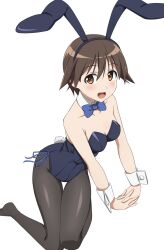 Rule 34 | 1girl, animal ears, black leotard, black pantyhose, blue bow, blue bowtie, bow, bowtie, breasts, brown eyes, brown hair, cleavage, detached collar, feet out of frame, highres, kanata mako, leotard, looking at viewer, miyafuji yoshika, pantyhose, playboy bunny, rabbit ears, rabbit tail, short hair, simple background, small breasts, solo, strapless, strapless leotard, stretching, strike witches, tail, white background, world witches series, wrist cuffs