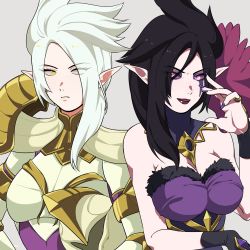 Rule 34 | 2girls, armor, bare arms, bare shoulders, black gloves, black hair, black lips, breasts, cleavage, closed mouth, dress, facial tattoo, gloves, highres, hiyari (hiyarilol), jewelry, kayle (league of legends), large breasts, league of legends, long hair, looking at viewer, morgana (league of legends), multiple girls, nail polish, open mouth, parted bangs, pointy ears, purple nails, ring, shoulder armor, siblings, sisters, smile, tattoo, upper body, white hair, yellow eyes