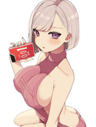 Rule 34 | 1girl, :o, absurdres, ass, backless dress, backless outfit, bare back, bare shoulders, blush, bob cut, breasts, butt crack, collarbone, condom box, deha rou, dress, grey hair, halterneck, highres, holding, large breasts, looking at viewer, meme attire, naked sweater, okamoto condoms, original, pink eyes, pink sweater, ribbed sweater, short hair, sideboob, simple background, sitting, solo, sweater, sweater dress, swept bangs, turtleneck, turtleneck sweater, virgin killer sweater, white background