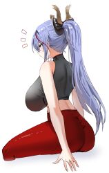 Rule 34 | 1girl, akafuyu (arknights), arknights, arm support, ass, bare arms, bare shoulders, black shirt, blue hair, breasts, commentary request, crop top, from behind, highres, horn/wood, huge breasts, invisible chair, large breasts, long hair, looking ahead, midriff, pants, ponytail, red pants, shirt, simple background, sitting, sleeveless, sleeveless shirt, solo, white background