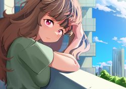Rule 34 | 1girl, balcony, blue sky, blunt bangs, blush, breasts, brown hair, building, green shirt, highres, idolmaster, idolmaster cinderella girls, kamiya nao, large breasts, long hair, looking at viewer, looking to the side, messy hair, red eyes, shirt, sky, solo, thick eyebrows, upper body, xion (pulilulu)