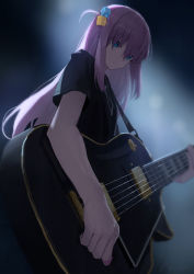 Rule 34 | 1girl, black shirt, blue eyes, bocchi the rock!, closed mouth, cube hair ornament, electric guitar, from below, gibson les paul, gotoh hitori, guitar, hair ornament, hair over eyes, highres, instrument, long hair, music, nekoreito, pink hair, playing instrument, shirt, short sleeves, solo