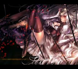 Rule 34 | 1girl, arrow (projectile), bad id, bad pixiv id, boots, corset, dress, knees together feet apart, long hair, lying, mask, petals, pixiv fantasia, pixiv fantasia fallen kings, red eyes, thighhighs, white hair, yuuki (mnm217)