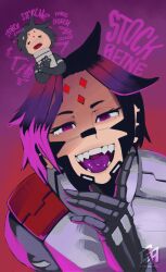 Rule 34 | 1girl, android, armor, black hair, blush, colored tongue, commentary, english commentary, facial mark, german text, gretarting, highres, kolibri (signalis), parted bangs, purple eyes, purple tongue, short hair, signalis, signature, solo, teeth, twitter username