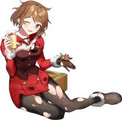 Rule 34 | 1girl, animal, bandaid, bandaid on face, black pantyhose, blush, boots, brown eyes, brown footwear, buttons, crab, cup, drew (drew213g), drinking glass, full body, fur-trimmed boots, fur trim, kantai collection, light brown hair, long sleeves, oboro (kancolle), official art, one eye closed, open mouth, pantyhose, pet, short hair, solo, torn clothes, torn pantyhose, transparent background