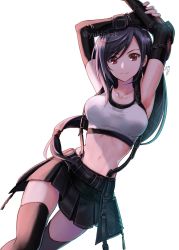 Rule 34 | 1girl, armpits, arms up, backlighting, bare shoulders, belt, black gloves, black hair, black skirt, black thighhighs, breasts, collarbone, cowboy shot, crop top, earrings, elbow gloves, final fantasy, final fantasy vii, final fantasy vii remake, fingerless gloves, gloves, highres, jewelry, large breasts, long hair, looking at viewer, low-tied long hair, midriff, miniskirt, navel, nekozuki yuki, pleated skirt, red eyes, shirt, skindentation, skirt, sleeveless, sleeveless shirt, smile, solo, stomach, suspenders, taut clothes, taut shirt, thighhighs, tifa lockhart, white shirt, zettai ryouiki