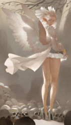 Rule 34 | 1girl, absurdres, bare legs, blue eyes, branch, breasts, brown wings, copyright request, dress, feathered wings, feathers, from behind, full body, glowing, hair slicked back, hair wings, high heels, highres, long sleeves, looking at viewer, looking back, microdress, midfinger, multicolored wings, petticoat, skull, solo, standing, stiletto heels, two-tone wings, white dress, white footwear, white hair, white wings, wings