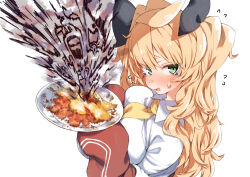 Rule 34 | 1girl, ahoge, bad food, black bow, blonde hair, blush, bow, breasts, collared shirt, dress shirt, food, green eyes, hair between eyes, hair bow, hair intakes, highres, holding, jacket, kz oji, large breasts, long hair, looking at viewer, mole, mole under eye, necktie, open mouth, original, plate, poison, red jacket, shirt, simple background, smile, smoke, solo, sweatdrop, tearing up, track jacket, twintails, wavy hair, white background, white shirt, yellow necktie