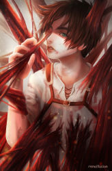 Rule 34 | 1boy, arm up, artist name, brown hair, commentary request, eren yeager, green eyes, highres, lips, looking at viewer, male focus, parted lips, rena illusion, shingeki no kyojin, shirt, solo, upper body, white shirt