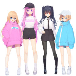 Rule 34 | 4girls, :d, absurdres, alternate costume, bare legs, baseball cap, black footwear, black legwear, black neckwear, black shorts, black skirt, blush, boots, buran buta, casual, choujigen game neptune mk2, cross-laced footwear, expressionless, full body, hair between eyes, hand on own hip, hands in pockets, happy, hat, highres, hood, hoodie, jacket, knee boots, lace-up boots, legs, long hair, looking at viewer, multiple girls, necktie, nepgear, neptune (series), off shoulder, open clothes, open jacket, open mouth, oversized clothes, pantyhose, pink hoodie, pink jacket, platform boots, platform footwear, ram (neptunia), rom (neptunia), shirt, short hair, short shorts, shorts, siblings, simple background, sisters, skirt, smile, staring, twins, two side up, uni (neptunia), very long hair, very long sleeves, white background, white footwear, white legwear, white shirt