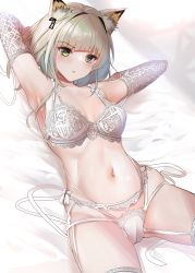 Rule 34 | 1girl, animal ears, arknights, armpits, arms up, bra, breasts, cameltoe, commentary request, green eyes, highres, kal&#039;tsit (arknights), lace, lace-trimmed bra, lace-trimmed panties, lace trim, light green hair, lingerie, looking at viewer, lying, medium breasts, on back, panties, solo, take (trude1945oneetyan), underwear, underwear only, white bra, white panties