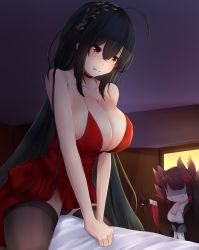 Rule 34 | 1girl, absurdres, ahoge, akagi (azur lane), animal ears, azur lane, bare shoulders, black hair, black thighhighs, blush, breasts, cleavage, collarbone, dress, fox ears, fox tail, hair between eyes, hair ornament, highres, huge breasts, japanese clothes, kitsune, large breasts, long hair, mctom, multiple tails, official alternate costume, red dress, red eyes, shaded face, smile, taihou (azur lane), taihou (forbidden feast) (azur lane), tail, thighhighs, very long hair