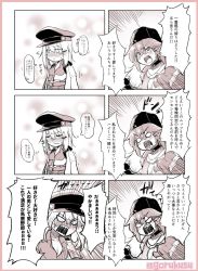 Rule 34 | blush, cheese (cheese koubou), comic, fur hat, gangut (kancolle), gloves, hair between eyes, hair ornament, hairclip, hat, highres, jacket, kantai collection, long hair, long sleeves, monochrome, multiple girls, open mouth, papakha, peaked cap, scar, scar on face, shirt, skirt, tashkent (kancolle), translation request