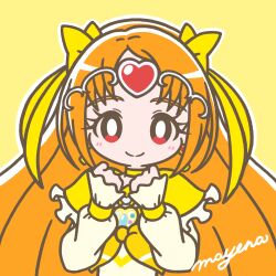 Rule 34 | 1girl, ascot, blush, bow, bright pupils, choker, circlet, clenched hands, closed mouth, cure muse (yellow), earrings, frills, hair ornament, hair ribbon, heart, highres, jewelry, long hair, long sleeves, looking at viewer, magical girl, mayena, orange hair, outline, precure, red eyes, ribbon, shirabe ako, signature, simple background, smile, solo, suite precure, upper body, white outline, white pupils, yellow ascot, yellow background, yellow bow, yellow choker