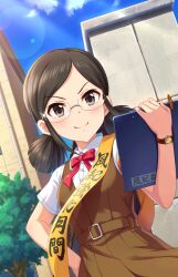 Rule 34 | black hair, blue sky, closed mouth, cloud, game cg, glasses, grey eyes, highres, idolmaster, idolmaster cinderella girls, idolmaster cinderella girls starlight stage, non-web source, official art, saejima kiyomi, school, school uniform, sky, smile, sunlight, twintails, upturned eyes