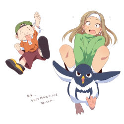 Rule 34 | 1boy, 1girl, animal, arm up, backwards hat, bad id, bad pixiv id, baseball cap, bird, blush, brown eyes, brown hair, brown shorts, character request, closed eyes, closed mouth, collared shirt, copyright request, crossover, dark-skinned female, dark skin, earrings, green headwear, green shirt, hat, headband, idolmaster, idolmaster cinderella girls, jewelry, long hair, matsunaga ryo, open mouth, orange shirt, parted bangs, penguin, shirt, short sleeves, shorts, simple background, socks, sweat, tongue, tongue out, translation request, uccow, wavy mouth, white background, white headband, white legwear, wide-eyed
