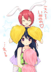 Rule 34 | 2girls, animal ears, bare shoulders, blue hair, blush, character request, cheerleader, closed eyes, collarbone, copyright request, expressionless, female focus, flat chest, green shirt, hand up, happy, heart, holding, japanese text, light blush, long hair, looking at viewer, miniskirt, multiple girls, open mouth, parted lips, pink hair, pink legwear, pleated skirt, pom pom (cheerleading), purple eyes, purple skirt, rabbit ears, rabbit girl, shirt, short hair, simple background, skirt, sleeveless, sleeveless shirt, smile, spaghetti strap, spoken heart, standing, striped legwear, thighhighs, translation request, upper body, usashiro mani, white background, zettai ryouiki