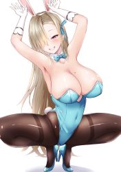 Rule 34 | 1girl, animal ears, arms up, asuna (blue archive), asuna (bunny) (blue archive), black pantyhose, blonde hair, blue archive, blue leotard, bow, bowtie, breasts, brown pantyhose, cleavage, covered navel, fake animal ears, hair over one eye, high heels, highres, large breasts, leotard, long hair, m-bon (karakuriyudo), mole, mole on breast, navel, pantyhose, playboy bunny, pointy breasts, rabbit ears, rabbit pose, rabbit tail, seductive smile, skin tight, skindentation, smile, solo, spread legs, squatting, thighband pantyhose, tiptoes, traditional bowtie