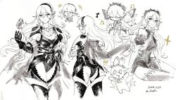 1girl armor ascot bare_shoulders black_hairband breasts cape closed_mouth corrin_(female)_(fire_emblem) corrin_(female)_(nohr_noble)_(fire_emblem) corrin_(female)_(resplendent)_(fire_emblem) corrin_(fire_emblem) dated dragonstone dress fire_emblem fire_emblem_fates fire_emblem_heroes gauntlets gloves greyscale hair_between_eyes hairband hashtag-only_commentary highres leotard long_hair looking_at_viewer medium_breasts monochrome multiple_views musical_note nearlydusk nintendo official_alternate_costume pointy_ears signature simple_background sketch smile standing thighhighs thighs upper_body white_background white_hair