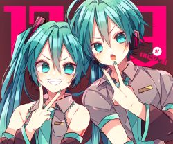Rule 34 | 1boy, 1girl, :o, ahoge, blue eyes, blue hair, blush, collared shirt, detached sleeves, genderswap, genderswap (ftm), grin, hair ornament, hand up, hatsune miku, hatsune mikuo, headphones, headset, highres, kaho 0102, long hair, long sleeves, looking at another, looking at viewer, nail polish, necktie, shirt, short hair, short sleeves, sleeveless, sleeveless shirt, smile, translation request, twintails, v, v-shaped eyebrows, vocaloid