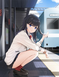 Rule 34 | 1girl, :o, black hair, black skirt, blue eyes, blue sky, bow, bowtie, breasts, from side, full body, gridman universe, highres, loafers, long hair, looking at viewer, looking to the side, medium breasts, miniskirt, outdoors, parted lips, playing with own hair, pleated skirt, qing wu, red bow, red bowtie, red socks, school uniform, scrunchie, shirt, shoes, skirt, sky, socks, solo, squatting, ssss.gridman, takarada rikka, thighs, train, train station, white shirt, wrist scrunchie