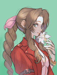 Rule 34 | 1girl, aerith gainsborough, alpaca carlesi, bangle, bracelet, braid, braided ponytail, breasts, brown hair, choker, cleavage, dress, final fantasy, final fantasy vii, final fantasy vii remake, flower, green background, green eyes, hair ribbon, highres, holding, holding flower, jacket, jewelry, lily (flower), long hair, looking at viewer, medium breasts, parted bangs, pink dress, pink ribbon, portrait, puffy short sleeves, puffy sleeves, red jacket, ribbon, ribbon choker, short sleeves, sidelocks, smile, solo, upper body, wavy hair