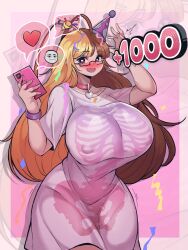 Rule 34 | 1girl, absurdres, ahoge, antenna hair, blonde hair, breasts, brown hair, covered erect nipples, dress, female focus, glasses, hat, heart, heart-shaped pupils, highres, holding, holding phone, huge breasts, long hair, multicolored hair, nyakugames, original, party hat, phone, pink dress, roblox man face (meme), smile, solo, standing, symbol-shaped pupils, thank you, thick thighs, thighs, two-tone hair, wide hips