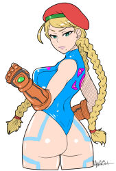 Rule 34 | 1girl, adapted costume, ahoge, akairiot, armor, ass, back, bad id, bad tumblr id, bare shoulders, beret, blonde hair, blue eyes, blue leotard, boxing gloves, braid, breasts, cammy white, cammy white (cosplay), cosplay, cowboy shot, female focus, fingerless gloves, from behind, fusion, gauntlets, gloves, green eyes, hat, highleg, highleg leotard, huge ass, large breasts, leotard, lips, long hair, looking back, metroid, mole, mole under mouth, neon trim, nintendo, parted bangs, samus aran, serious, signature, simple background, sketch, solo, street fighter, swept bangs, tattoo, thong, thong leotard, turtleneck, twin braids, very long hair, white background, zero suit