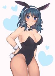 Rule 34 | 1girl, animal ears, bare arms, bare shoulders, blue eyes, blue hair, blush, breasts, byleth (female) (fire emblem), byleth (fire emblem), cleavage, commentary, covered navel, cowboy shot, detached collar, fake animal ears, fake tail, fire emblem, fire emblem: three houses, grey background, hairband, heart, highres, large breasts, long hair, looking at viewer, nintendo, purrlucii, rabbit ears, rabbit tail, simple background, smile, solo, standing, tail, thighs, white hairband, wrist cuffs