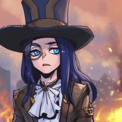 Rule 34 | 1boy, alternate costume, ascot, blue hat, brown jacket, caitlyn (league of legends), commentary, english commentary, fire, genderswap, genderswap (ftm), green eyes, hat, jacket, league of legends, long hair, male focus, monocle, multicolored background, open clothes, open jacket, open mouth, phantom ix row, solo, top hat, upper body, white ascot