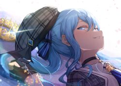 Rule 34 | 1girl, beret, black choker, black gloves, blue eyes, blue hair, blue ribbon, choker, commentary request, crown, gloves, grey hat, hair between eyes, hair ribbon, hashira 14, hat, highres, hololive, hoshimachi suisei, hoshimachi suisei (1st costume), long hair, looking at viewer, lying, on back, parted lips, partially fingerless gloves, plaid headwear, ribbon, smile, solo, unworn crown, upper body, virtual youtuber
