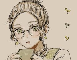 Rule 34 | 1girl, blush, book, brown hair, commentary request, double bun, earrings, fingernails, glasses, green eyes, green nails, green vest, hair bun, highres, holding, holding book, jewelry, karasane03, leaf, light brown background, looking at viewer, mori girl, muted color, nose blush, open mouth, original, pink lips, portrait, shirt, simple background, single hair bun, solo, vest, white shirt