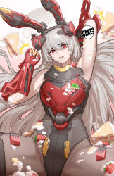 Rule 34 | 1girl, absurdres, animal ears, armored leotard, arms behind head, blush, cake, cake slice, charolic (girls&#039; frontline 2), cheogtanbyeong, english text, fake animal ears, food, fruit, gauntlets, girls&#039; frontline 2: exilium, grey hair, headband, highres, leotard, long hair, messy, open mouth, pantyhose, playboy bunny, rabbit ears, red eyes, solo, strawberry, sweatdrop, thighs, very long hair