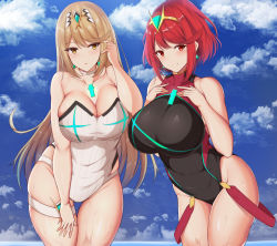 Rule 34 | 2girls, adjusting hair, armor, blonde hair, blue sky, blush, breasts, brown eyes, chest jewel, choker, cleavage, cleavage cutout, clothing cutout, cloud, cloudy sky, collarbone, competition swimsuit, cowboy shot, day, dual persona, female focus, gem, hand on own chest, headpiece, highleg, highleg swimsuit, highres, large breasts, light brown hair, long hair, looking at viewer, matching hair/eyes, medium hair, multiple girls, multiple persona, mythra (radiant beach) (xenoblade), mythra (xenoblade), nintendo, noeomi, one-piece swimsuit, outdoors, pyra (pro swimmer) (xenoblade), pyra (xenoblade), red eyes, red hair, shoulder armor, skindentation, sky, strapless, strapless one-piece swimsuit, swept bangs, swimsuit, thick thighs, thigh gap, thigh strap, thighs, tiara, white choker, white one-piece swimsuit, xenoblade chronicles (series), xenoblade chronicles 2, yellow eyes