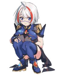 Rule 34 | 1girl, ahoge, alternate color, armor, black gloves, blue eyes, blue footwear, blue gemstone, blue thighhighs, breasts, cleavage, closed mouth, core crystal (xenoblade), cosplay, facial mark, fingerless gloves, gem, gloves, gold trim, grey hair, highres, indie virtual youtuber, kame 0 0 kame, large breasts, multicolored hair, onolumi (vtuber), pyra (xenoblade), pyra (xenoblade) (cosplay), red gemstone, red hair, second-party source, see-through, see-through cleavage, short hair, shoulder armor, solo, squatting, streaked hair, thighhighs, virtual youtuber, xenoblade chronicles (series), xenoblade chronicles 2